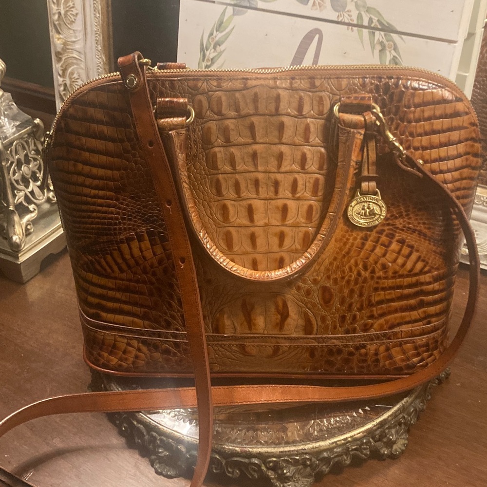Vintage Brahmin Genuine Leather Pecan   Croc-Embossed Satchel Bag -